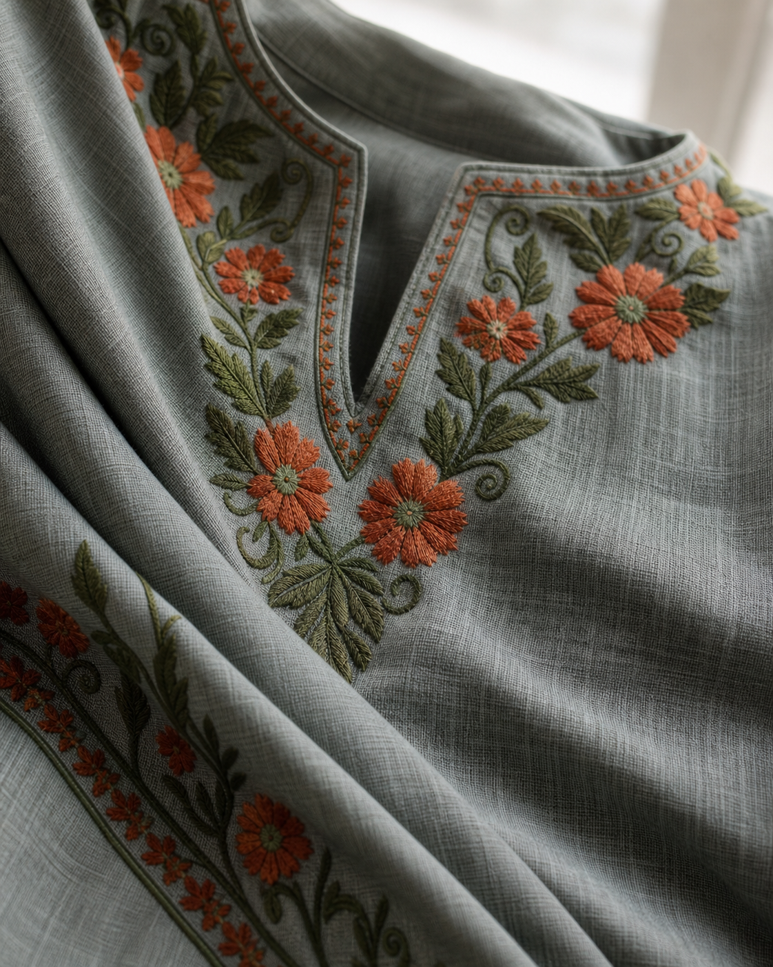 Kashmirbox Bluish Grey Cotton Coordset – Green & Brown Earthy Embroidery | Everyday Ethnic Wear
