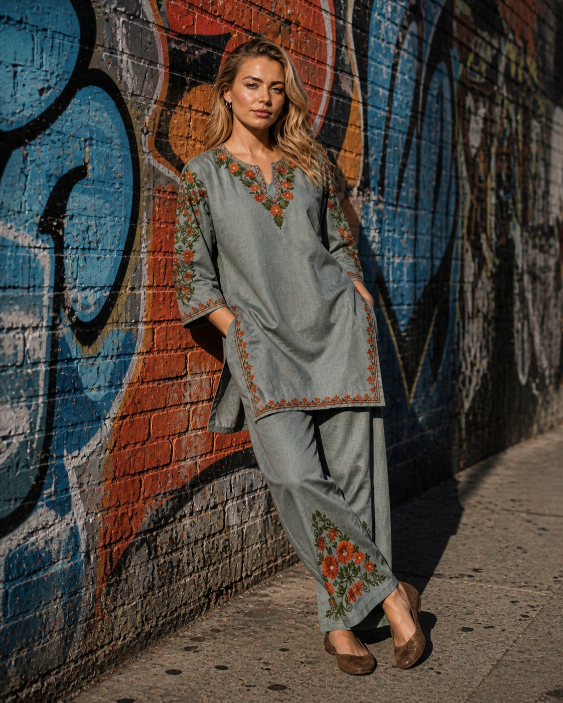 Kashmirbox Bluish Grey Cotton Coordset – Green & Brown Earthy Embroidery | Everyday Ethnic Wear
