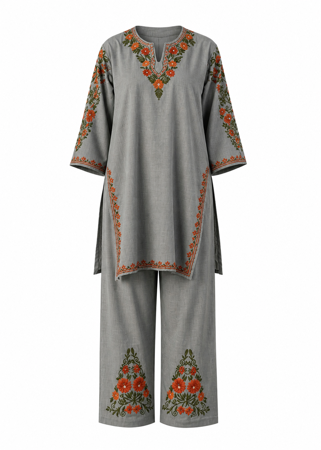 Kashmirbox Bluish Grey Cotton Coordset – Green & Brown Earthy Embroidery | Everyday Ethnic Wear