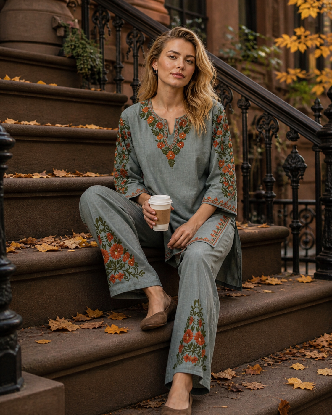 Kashmirbox Bluish Grey Cotton Coordset – Green & Brown Earthy Embroidery | Everyday Ethnic Wear