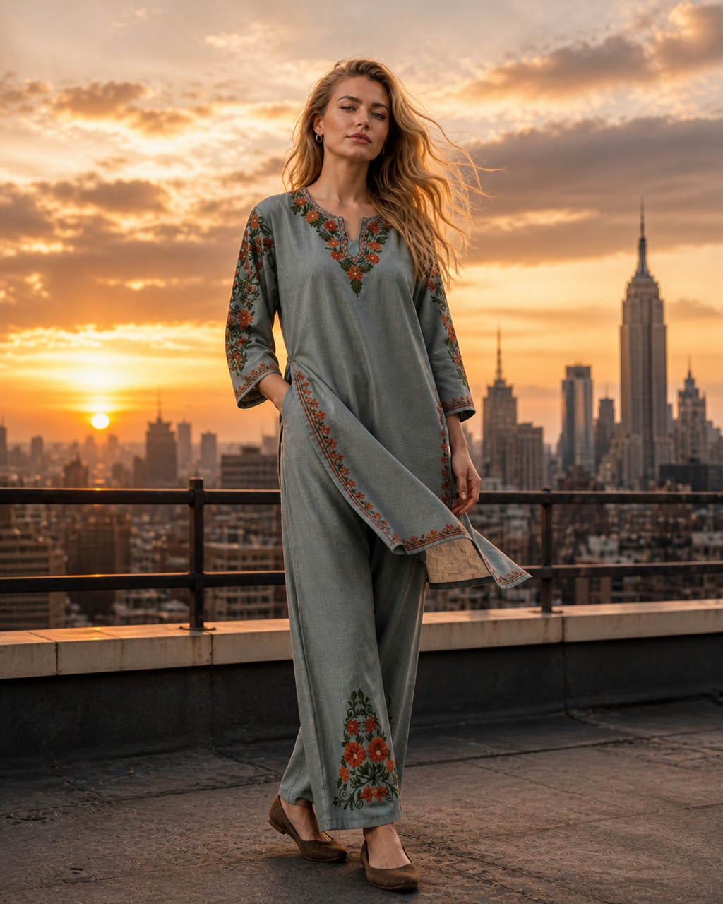 Kashmirbox Bluish Grey Cotton Coordset – Green & Brown Earthy Embroidery | Everyday Ethnic Wear