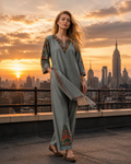 Kashmirbox Bluish Grey Cotton Coordset – Green & Brown Earthy Embroidery | Everyday Ethnic Wear