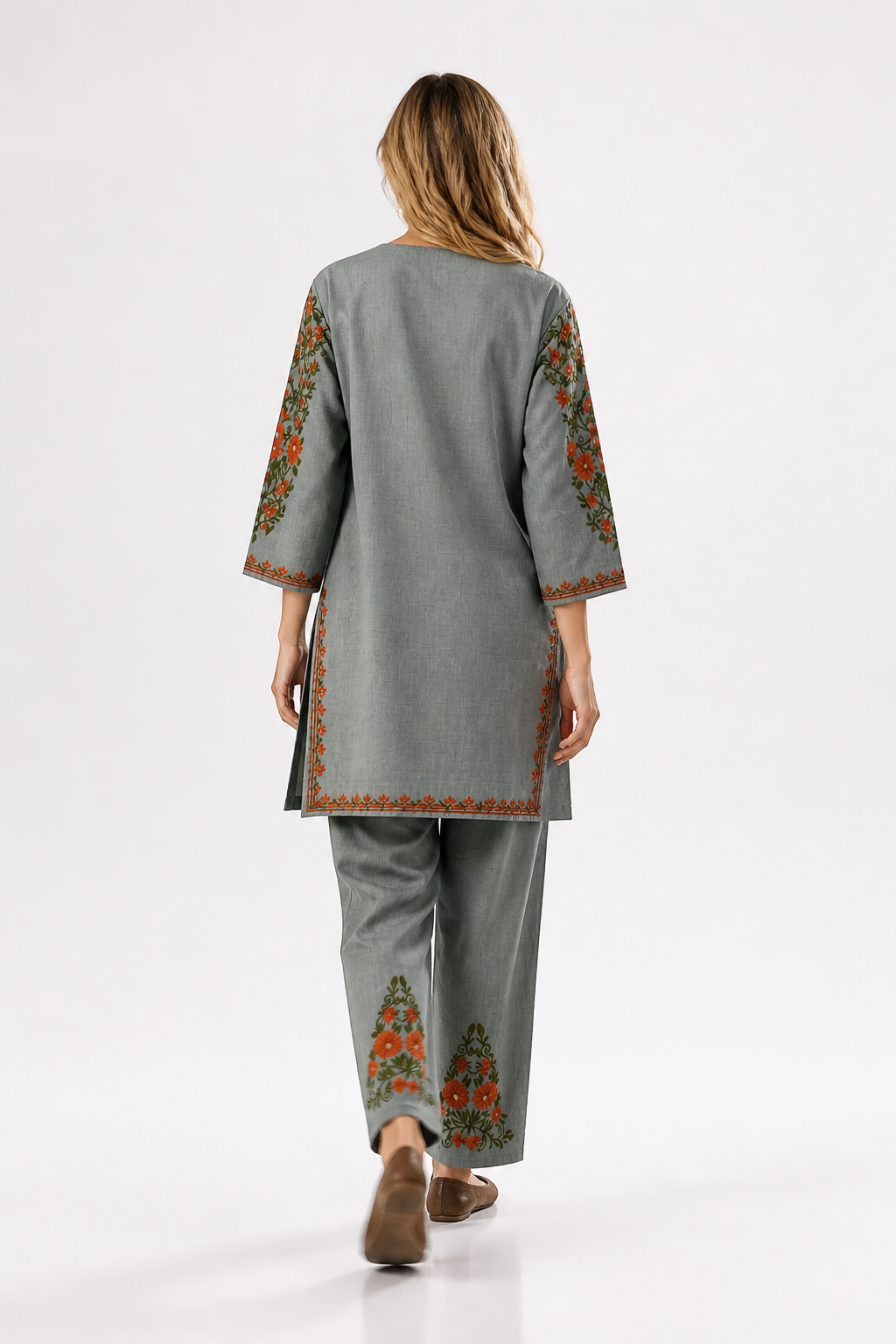 Kashmirbox Bluish Grey Cotton Coordset – Green & Brown Earthy Embroidery | Everyday Ethnic Wear
